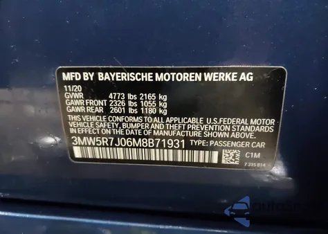 2021 BMW 330I xDrive z USA, uszkodzony, nr VIN 3MW5R7J06M8B71931